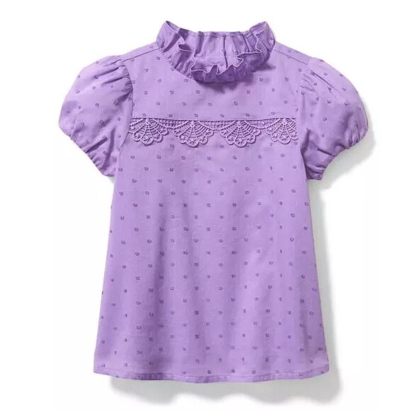 Janie and Jack Girl Swiss Dot Puff Sleeve Top Purple Pegasus Size 5 Ruffles Lace - Picture 1 of 7